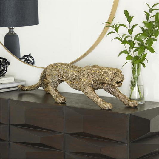 Gold Polystone Leopard Sculpture with Encrusted Beading and Diamond-Shaped Mirror Accents, 33” L x 10" H x 8" W