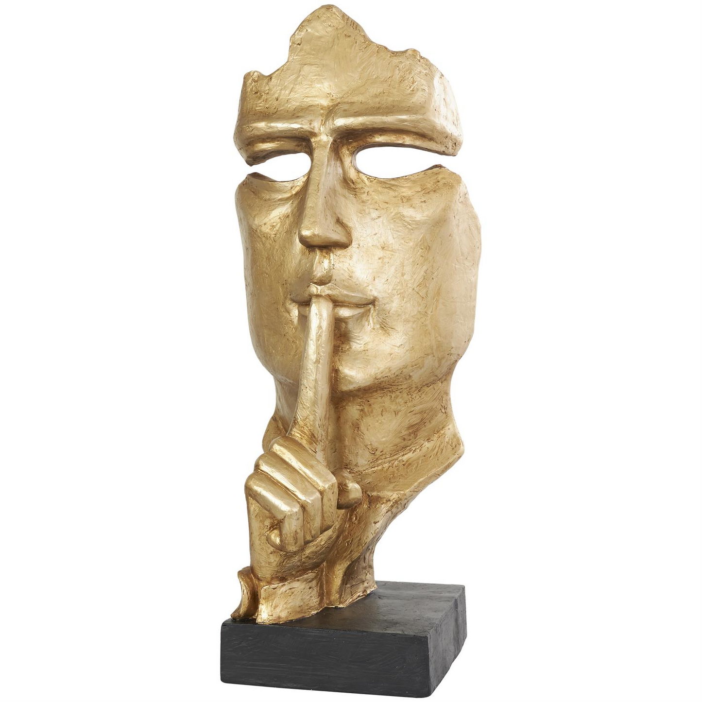 Striking Gold Polystone Abstract Face Sculpture with Quiet Gesture, Large Cutout on Black Base, 14” W x 15" D x 40" H