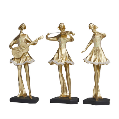 Set of 3 Gold Resin Musician Sculptures, Abstract Women Design with Glitter and Rhinestone, 7” Wide, 16" High