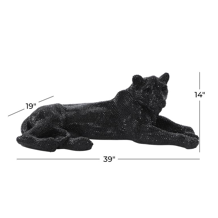 Black Polystone Leopard Sculpture with Carved Faceted Diamond Exterior, 39” L x 19" H x 14" W