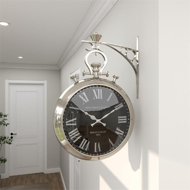 Vintage-Inspired Silver Stainless Steel Wall Clock, Pocket Watch Design, 16” W x 6" D x 22" H