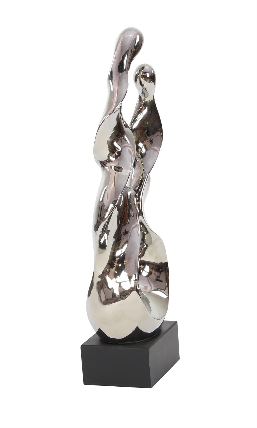 Sleek Silver Ceramic Abstract Sculpture on Black Base, 10” W x 6" D x 27" H