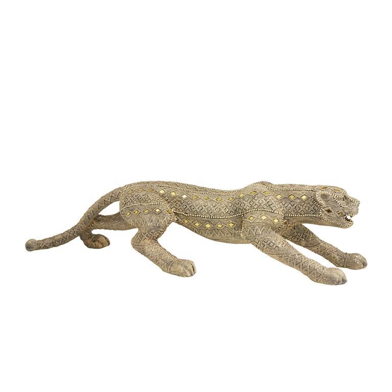 Gold Polystone Leopard Sculpture with Encrusted Beading and Diamond-Shaped Mirror Accents, 33” L x 10" H x 8" W