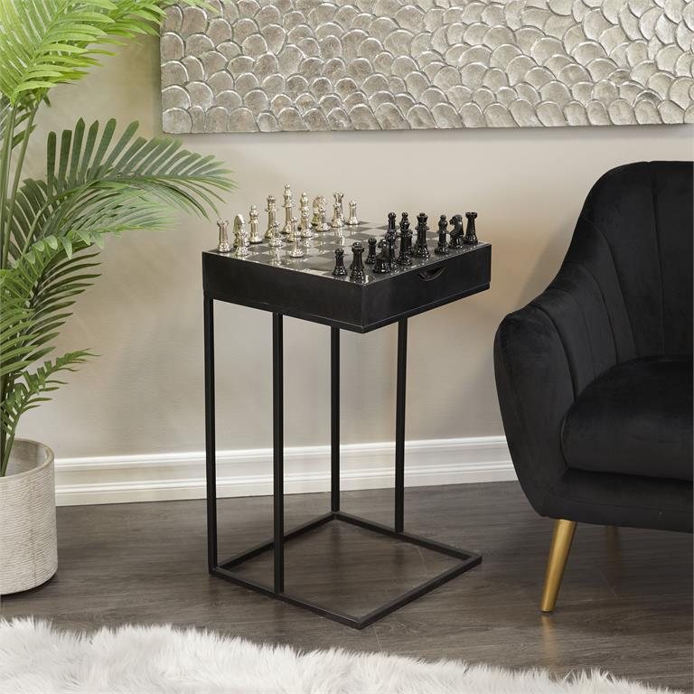 Black Aluminum Chess Accent Table with Drawer, 17” W x 17" L x 27" H