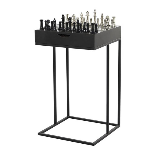 Black Aluminum Chess Accent Table with Drawer, 17” W x 17" L x 27" H