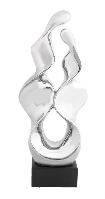 Sleek Silver Ceramic Abstract Sculpture on Black Base, 10” W x 6" D x 27" H