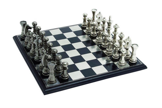 Elegant Silver Aluminum Chess Set with Black & Silver Pieces - 17"x17"x6"