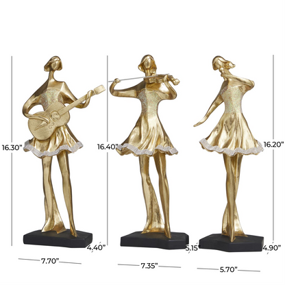 Set of 3 Gold Resin Musician Sculptures, Abstract Women Design with Glitter and Rhinestone, 7” Wide, 16" High