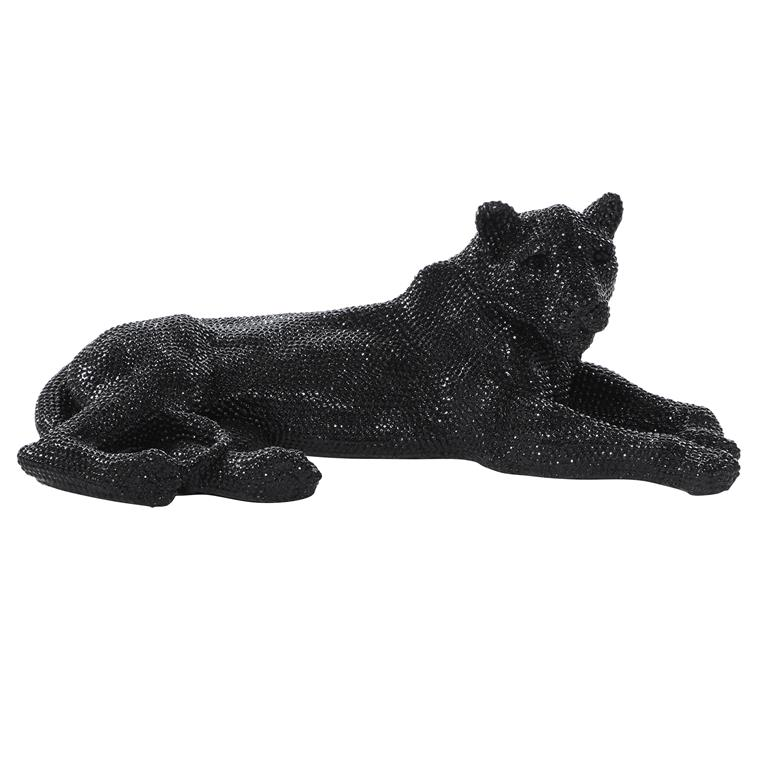 Black Polystone Leopard Sculpture with Carved Faceted Diamond Exterior, 39” L x 19" H x 14" W