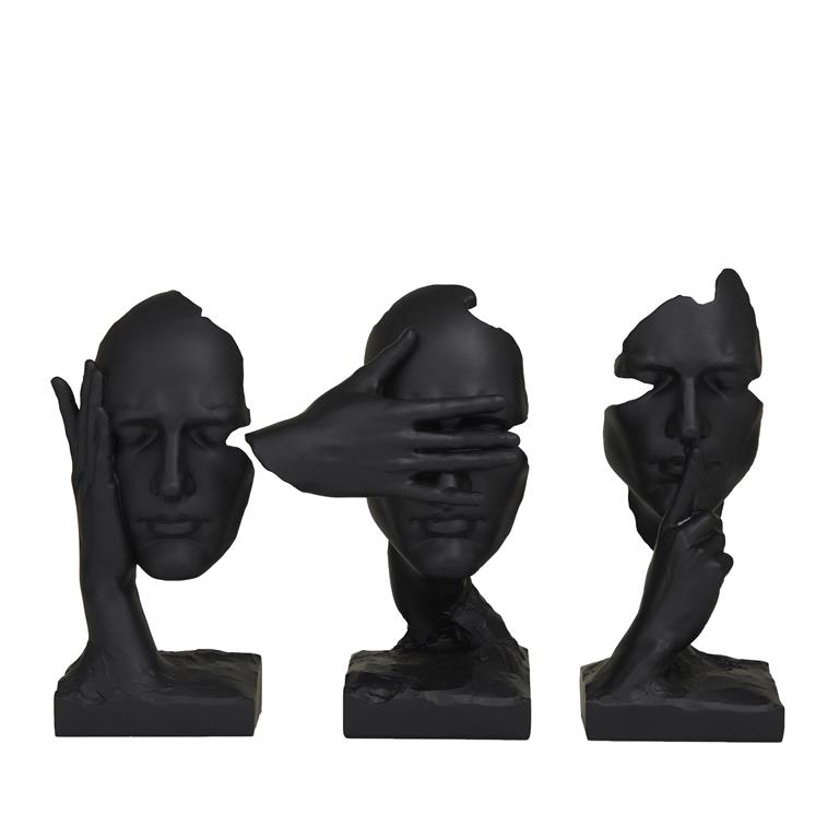 Set of 3 Black Polystone Face Sculptures, 7” Wide, 12" High