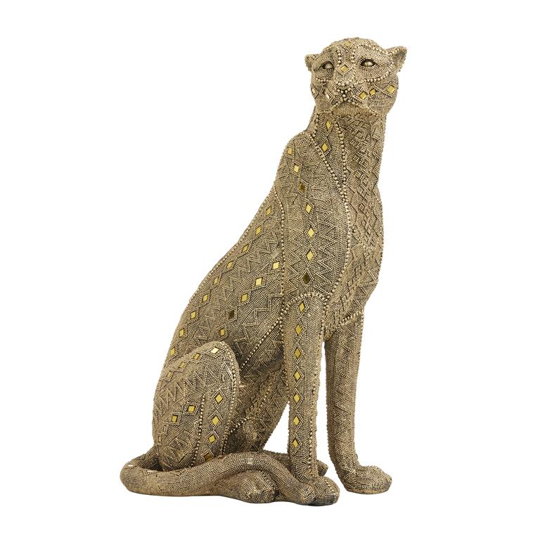 Exquisite Gold Polystone Leopard Sculpture with Beaded Embellishments and Mirrored Diamond Accents, 8” W x 14" D x 21" H