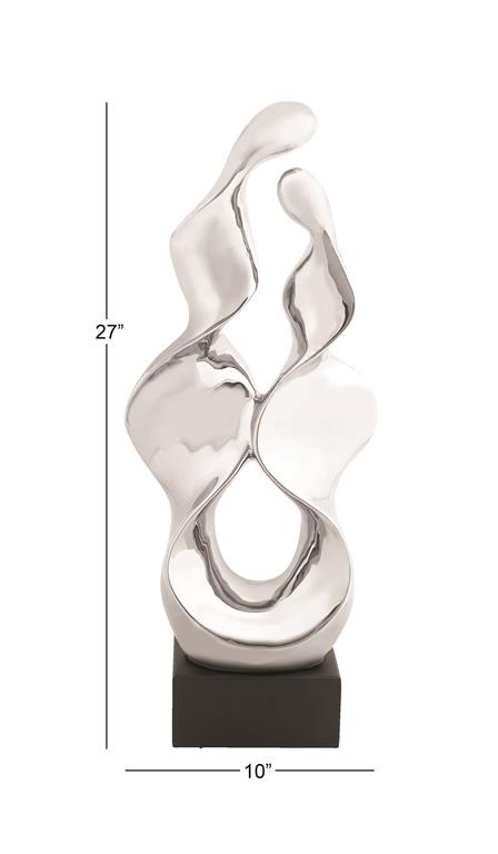 Sleek Silver Ceramic Abstract Sculpture on Black Base, 10” W x 6" D x 27" H