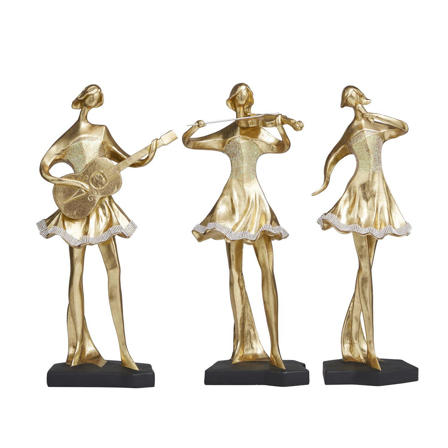 Set of 3 Gold Resin Musician Sculptures, Abstract Women Design with Glitter and Rhinestone, 7” Wide, 16" High