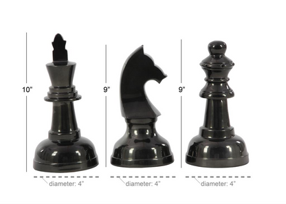 Set of 3 Gray Aluminum Chess Sculptures: Knight, Queen, and King, Heights 9”, 9", 10"