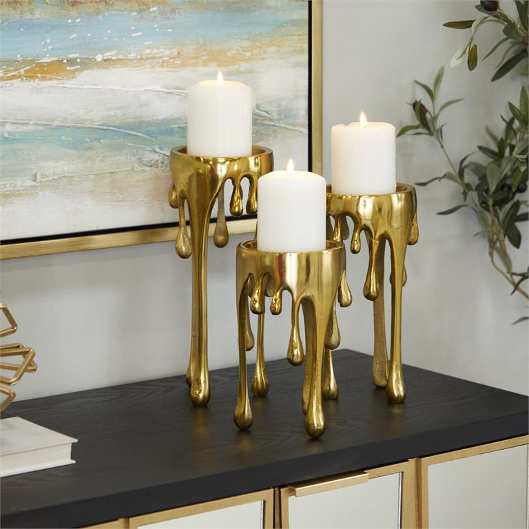 Elegant Aluminum Pillar Candle Holders with Unique Melting Design, Trio Set - Heights 12", 10", 8"