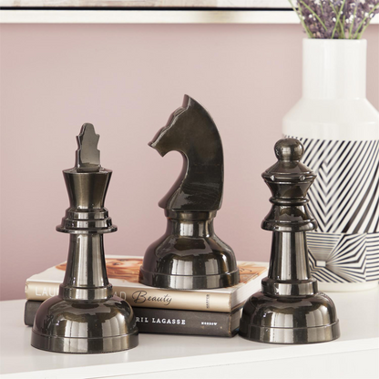 Set of 3 Gray Aluminum Chess Sculptures: Knight, Queen, and King, Heights 9”, 9", 10"