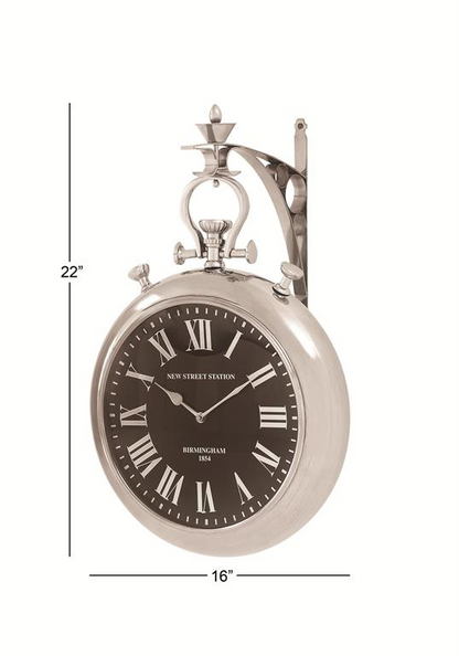 Vintage-Inspired Silver Stainless Steel Wall Clock, Pocket Watch Design, 16” W x 6" D x 22" H