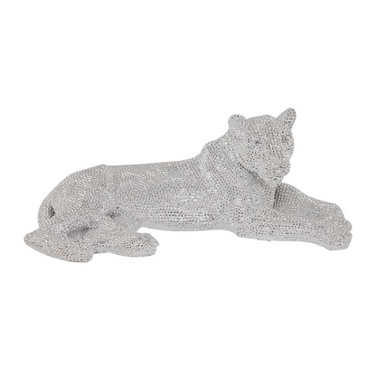 Black Polystone Leopard Sculpture with Carved Faceted Diamond Exterior, 39” L x 19" H x 14" W