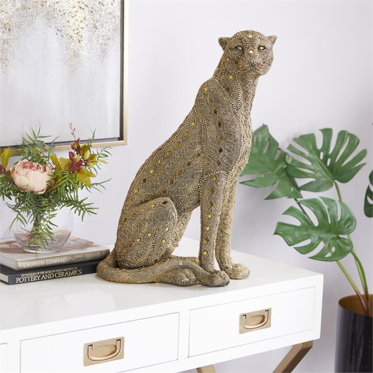 Exquisite Gold Polystone Leopard Sculpture with Beaded Embellishments and Mirrored Diamond Accents, 8” W x 14" D x 21" H