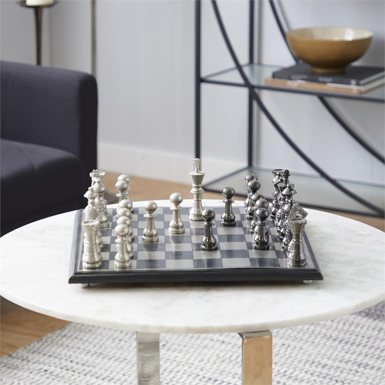 Elegant Silver Aluminum Chess Set with Black & Silver Pieces - 17"x17"x6"