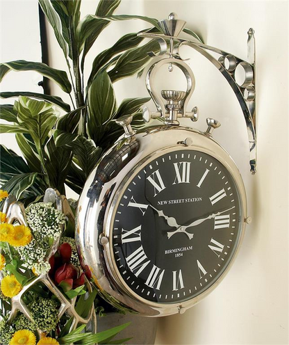 Vintage-Inspired Silver Stainless Steel Wall Clock, Pocket Watch Design, 16” W x 6" D x 22" H