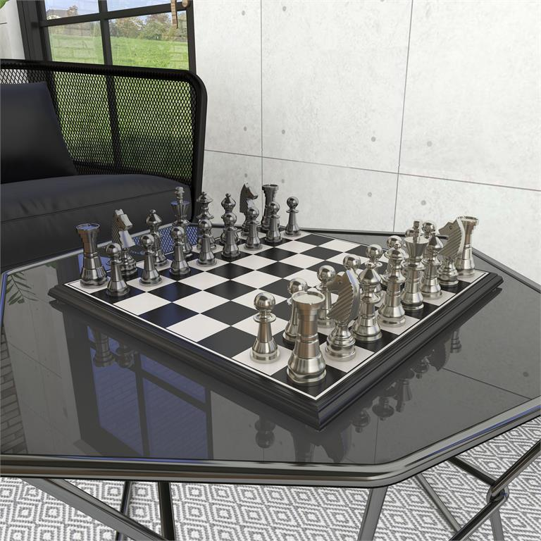 Elegant Silver Aluminum Chess Set with Black & Silver Pieces - 17"x17"x6"