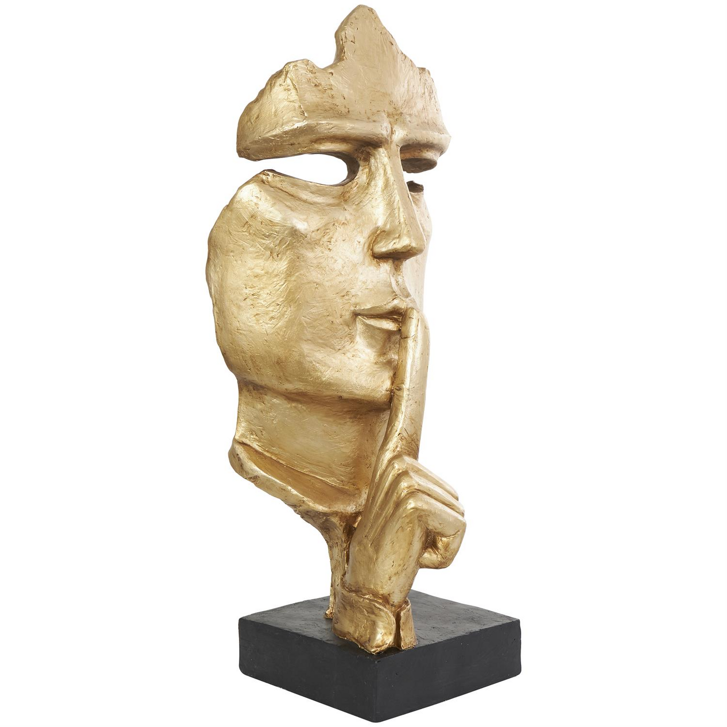 Striking Gold Polystone Abstract Face Sculpture with Quiet Gesture, Large Cutout on Black Base, 14” W x 15" D x 40" H