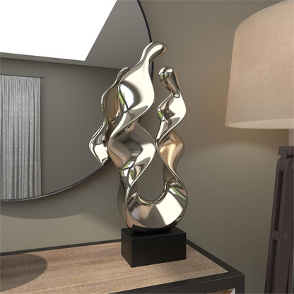 Sleek Silver Ceramic Abstract Sculpture on Black Base, 10” W x 6" D x 27" H