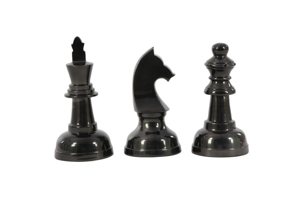 Set of 3 Gray Aluminum Chess Sculptures: Knight, Queen, and King, Heights 9”, 9", 10"