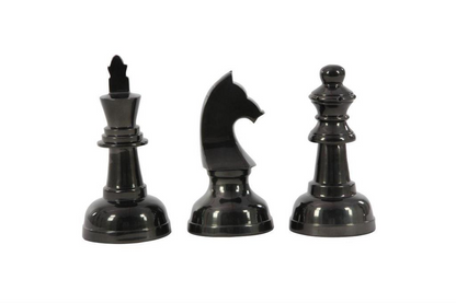 Set of 3 Gray Aluminum Chess Sculptures: Knight, Queen, and King, Heights 9”, 9", 10"