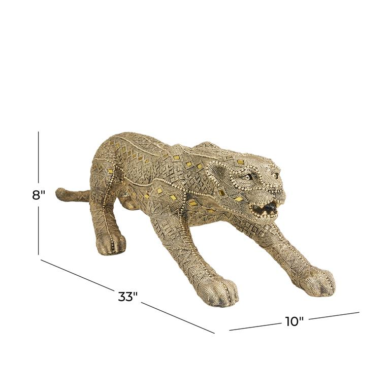 Gold Polystone Leopard Sculpture with Encrusted Beading and Diamond-Shaped Mirror Accents, 33” L x 10" H x 8" W