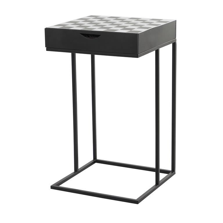 Black Aluminum Chess Accent Table with Drawer, 17” W x 17" L x 27" H