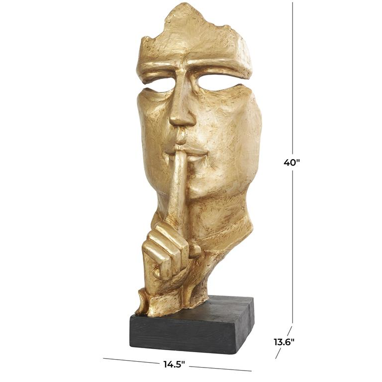 Striking Gold Polystone Abstract Face Sculpture with Quiet Gesture, Large Cutout on Black Base, 14” W x 15" D x 40" H
