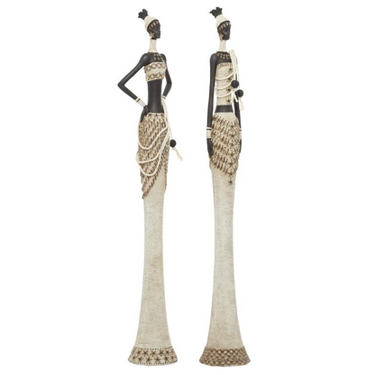 Set of 2 White Polystone Sculptures of Standing African Women with Detailed Craftsmanship, 6” Wide, 31" High